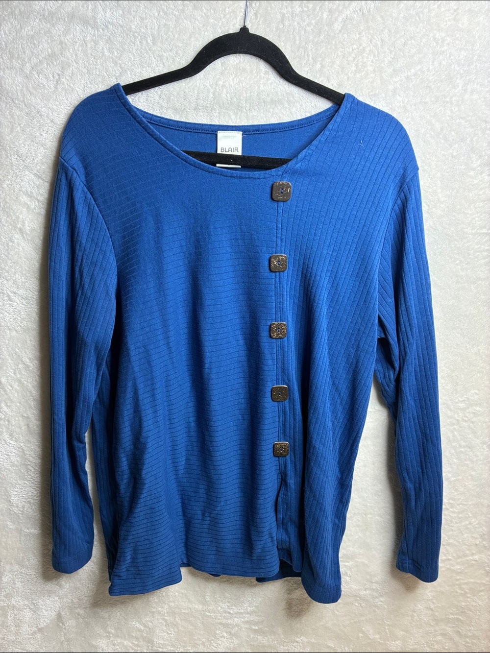 Blair Royal Blue Ribbed Long Sleeve Top with Decorative Buttons